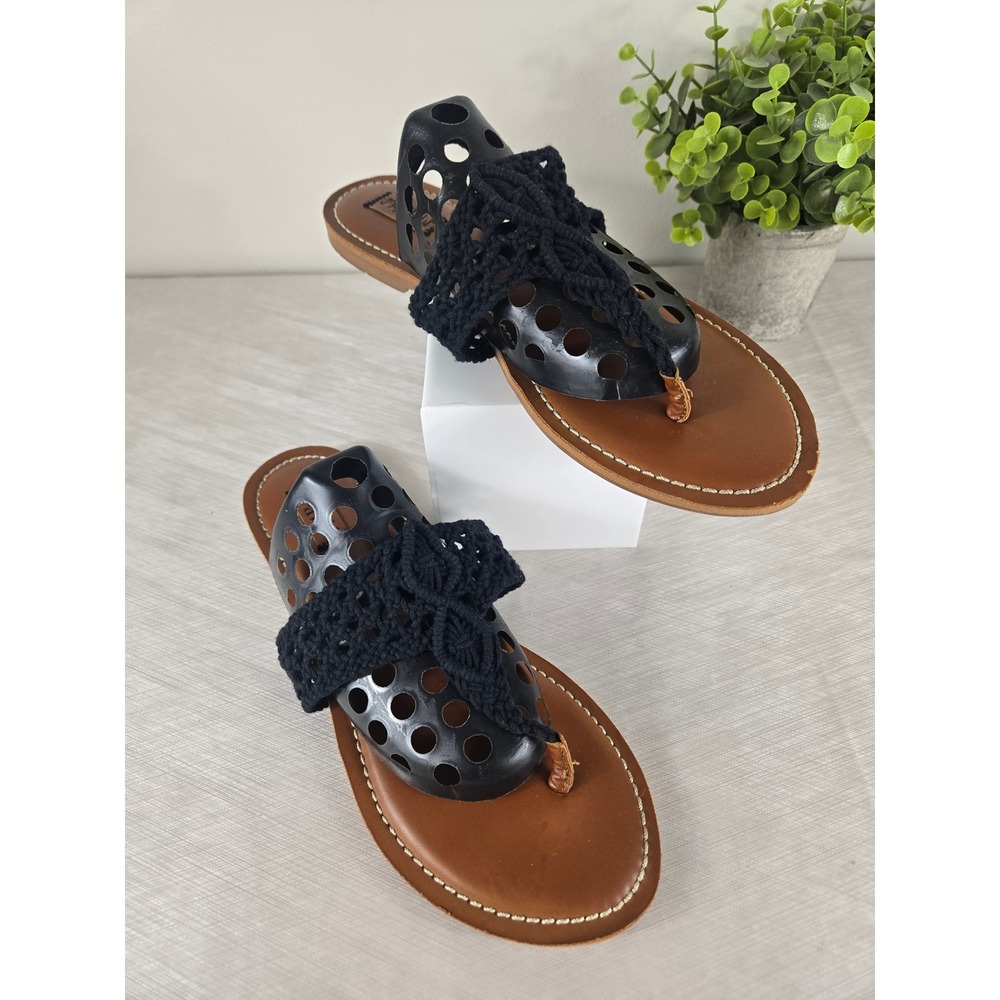 MAD PAUL Womens Black Macrame Crochet Thong Sandals Cognac Brown Flat Size 10
